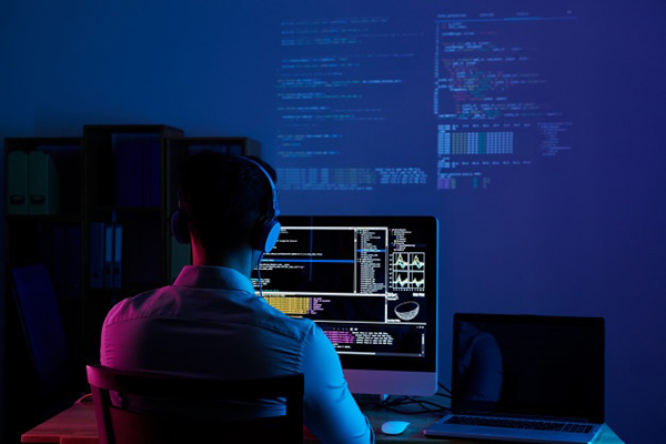 person looking at a computer with data on the screen