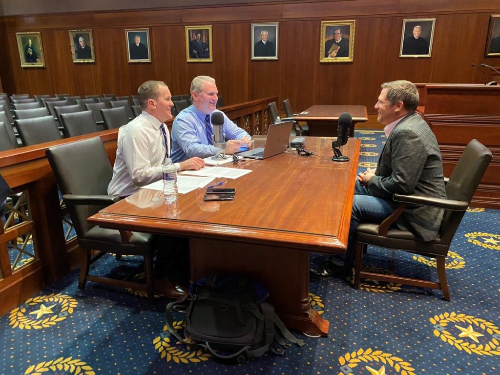 Todd Smith, Jody Sanders and Justice Jeff Boyd recording in the Texas Supreme Court courtroom