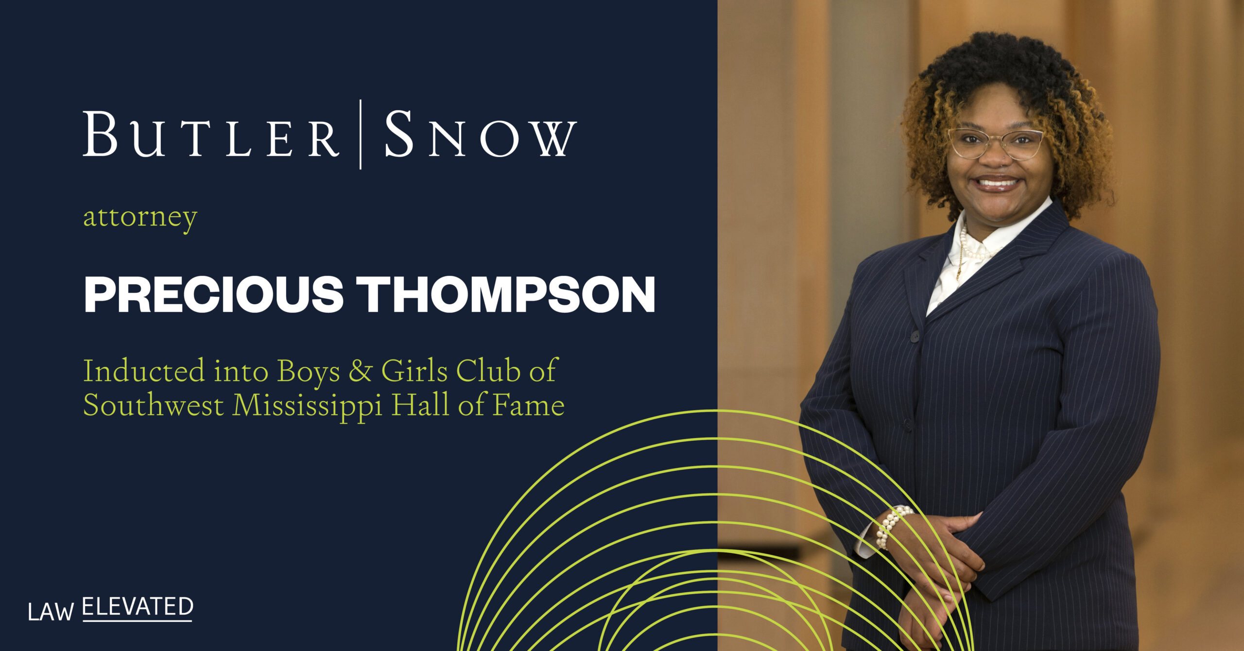 Photo of Precious Thompson that says "Butler Snow attorney Precious Thompson Inducted into Boys & Girls Club of Southwest Mississippi Hall of Fame"