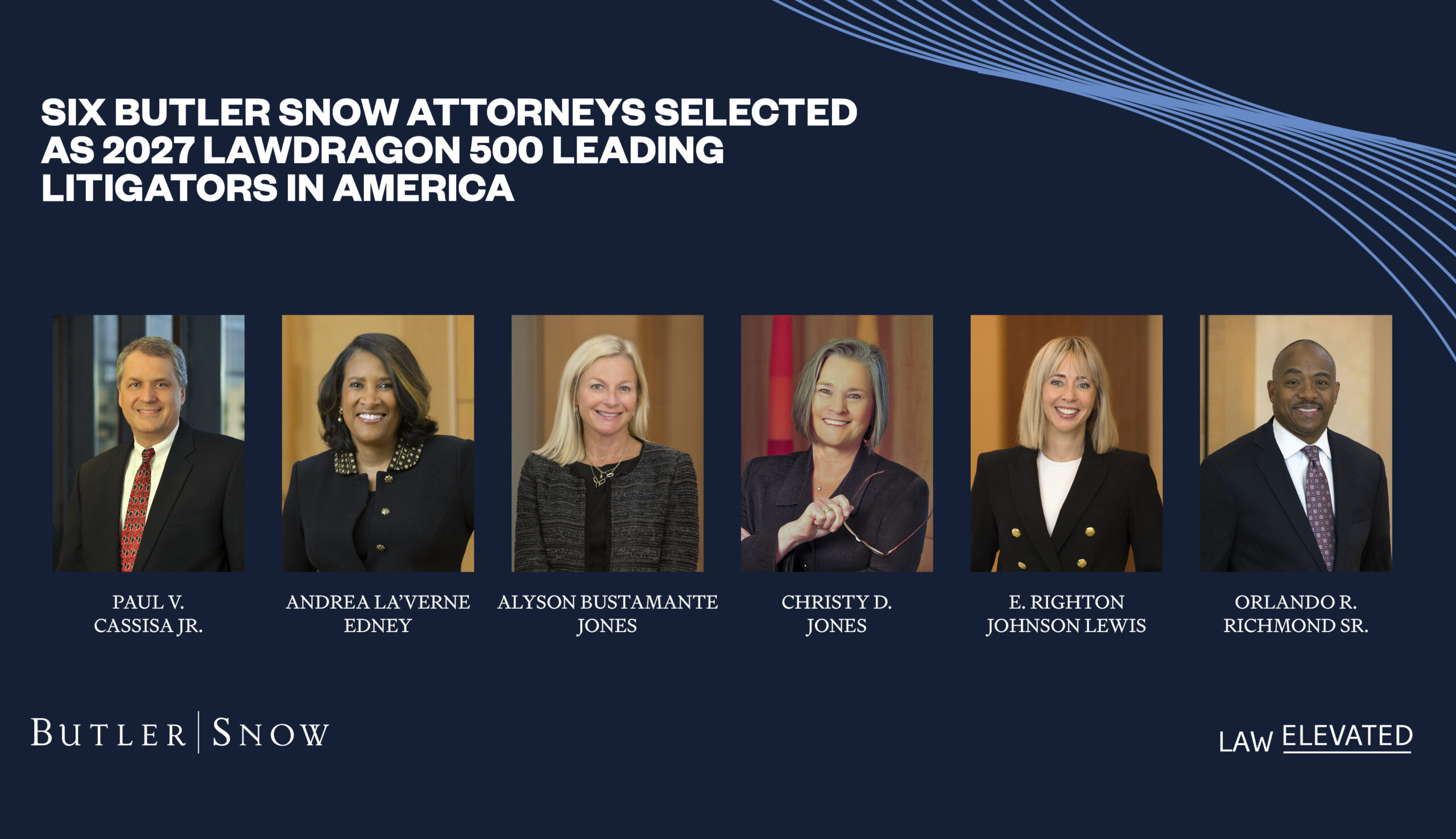 Butler Snow branded graphic that says "Six Butler Snow Attorneys Selected as 2027 Lawdragon 500 Leading Litigators in America" with photos of Paul Cassisa, La'Verne Edney, Alyson Jones, Christy Jones, Righton Johnson Lewis, Rod Richmond