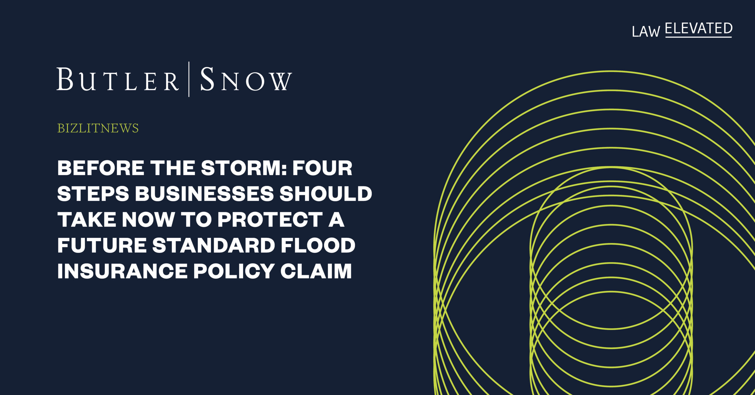 Branded Butler Snow BizLitNews graphic that says "Before the Storm: Four Steps Businesses Should Take Now to Protect a Future Standard Flood Insurance Policy Claim"