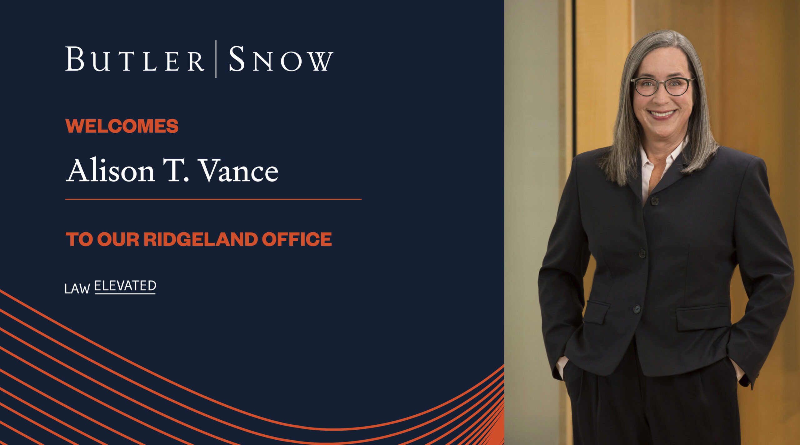 Branded Butler Snow graphic with photo of Alison Vance that says "Butler Snow Welcomes Alison T. Vance to our Ridgeland Office."